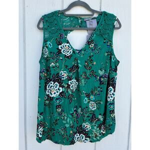 NWT Daniel Rainn Sleeveless‎ Shirt, Green Floral, Back Cut Out, V Neck, Sz 1X